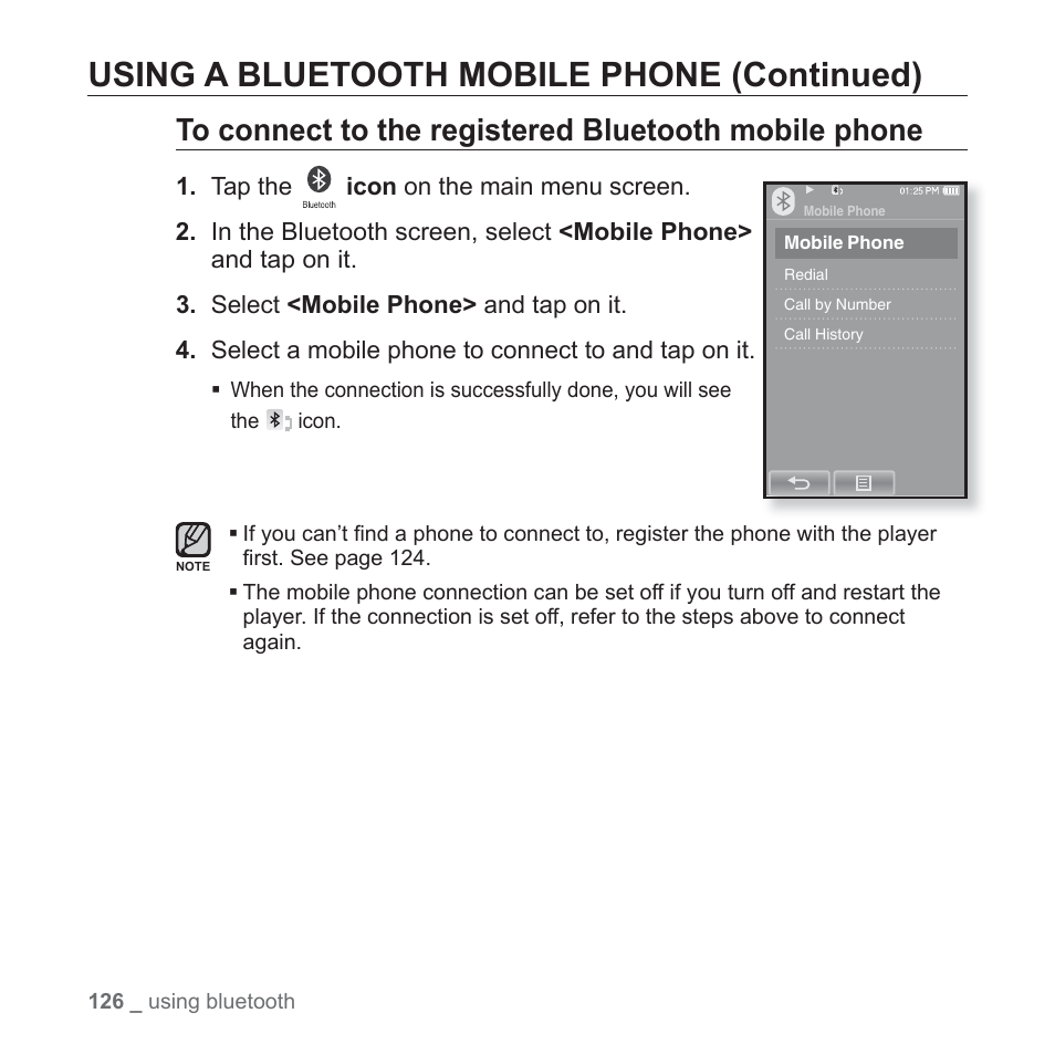Using a bluetooth mobile phone (continued) | Samsung YP-P2JABY-XAA User Manual | Page 126 / 152