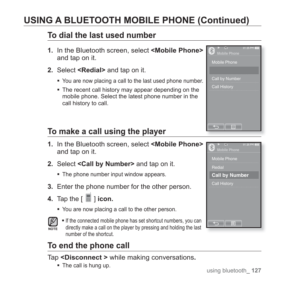 Using a bluetooth mobile phone (continued) | Samsung YP-P2JABY-XAA User Manual | Page 127 / 152