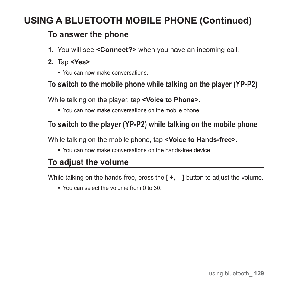 Using a bluetooth mobile phone (continued) | Samsung YP-P2JABY-XAA User Manual | Page 129 / 152