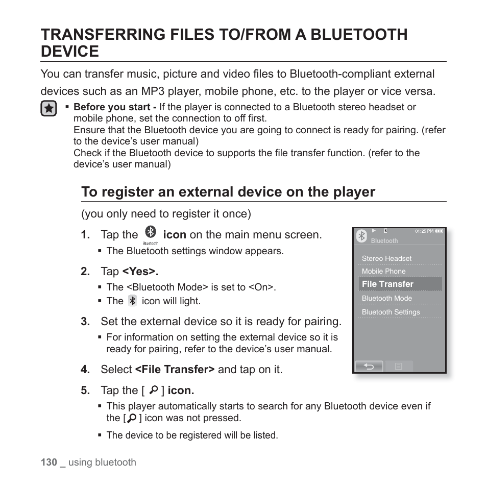 Transferring files to/from a bluetoothdevice, Transferring files to/from a bluetooth device | Samsung YP-P2JABY-XAA User Manual | Page 130 / 152