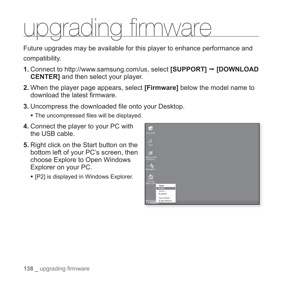 Upgrading firmware, Upgrading ﬁ rmware | Samsung YP-P2JABY-XAA User Manual | Page 138 / 152