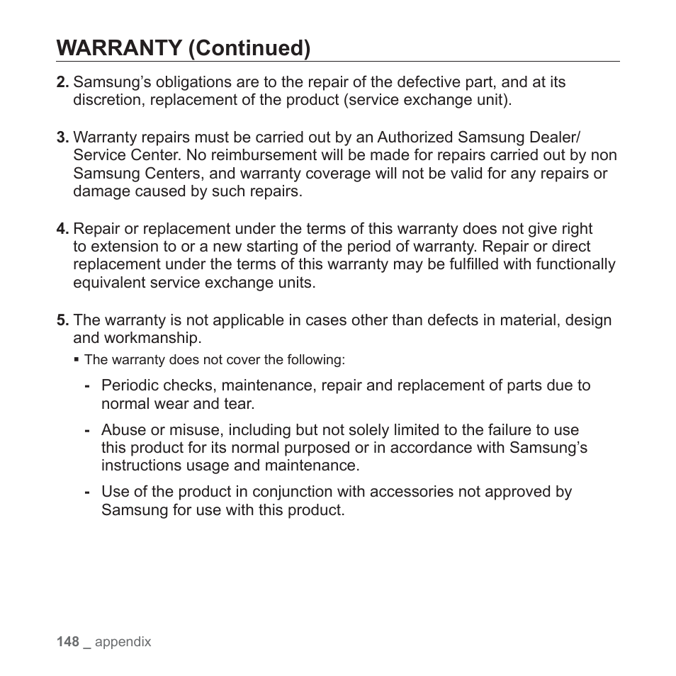 Warranty (continued) | Samsung YP-P2JABY-XAA User Manual | Page 148 / 152