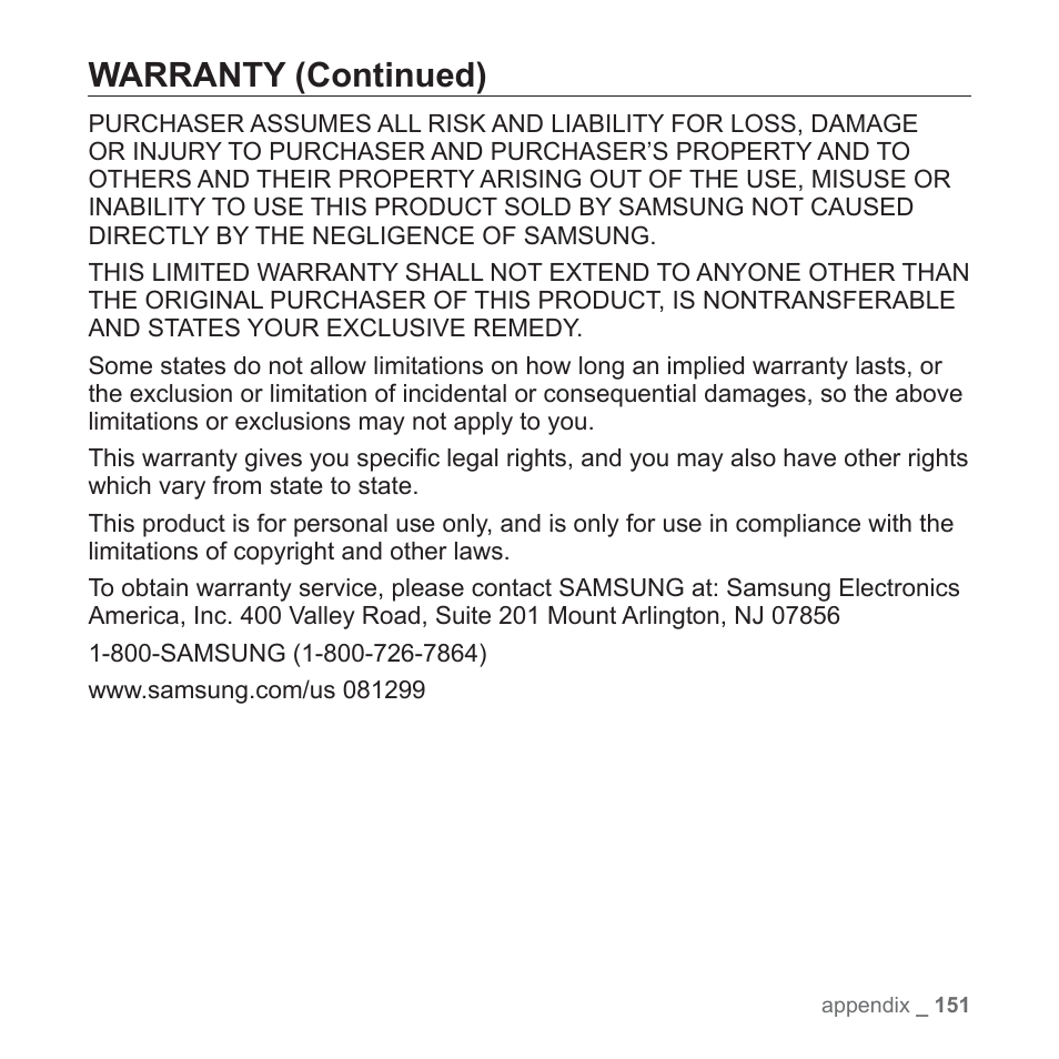 Warranty (continued) | Samsung YP-P2JABY-XAA User Manual | Page 151 / 152