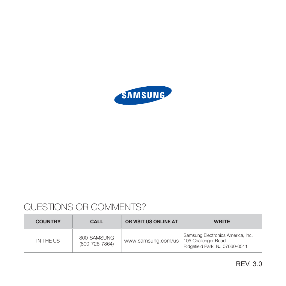 Questions or comments, Rev. 3.0 | Samsung YP-P2JABY-XAA User Manual | Page 152 / 152
