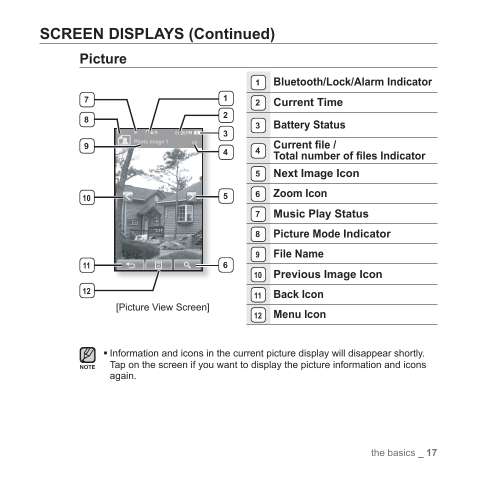 Screen displays (continued), Picture, Bluetooth/lock/alarm indicator | Current time, Battery status, Current fi le / total number of fi les indicator, Next image icon, Zoom icon, Music play status, Picture mode indicator | Samsung YP-P2JABY-XAA User Manual | Page 17 / 152