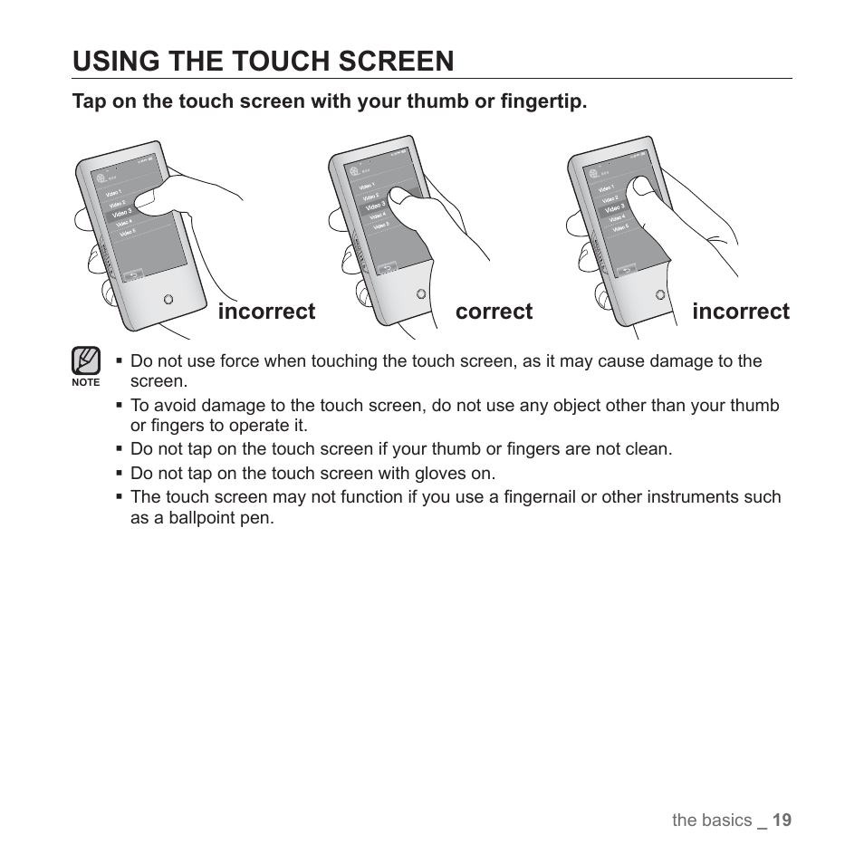 Using the touch screen, Incorrect correct incorrect | Samsung YP-P2JABY-XAA User Manual | Page 19 / 152