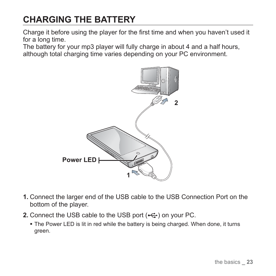 Charging the battery | Samsung YP-P2JABY-XAA User Manual | Page 23 / 152