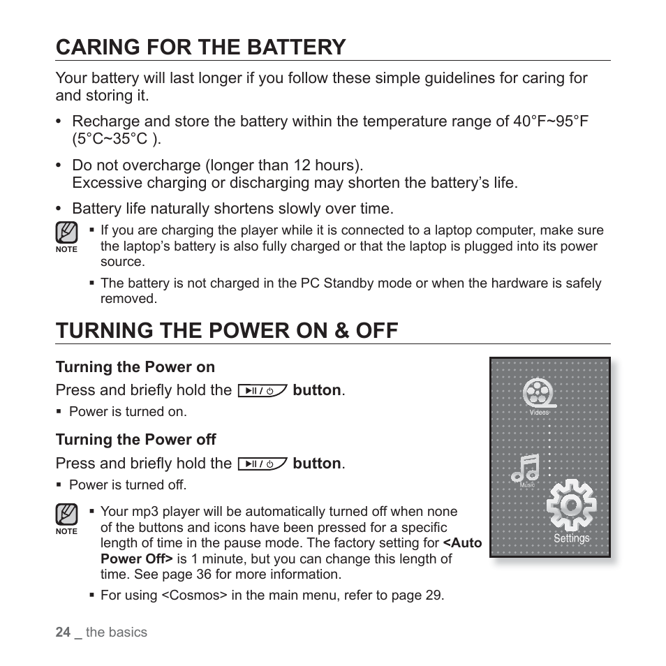 Caring for the battery, Turning the power on & off | Samsung YP-P2JABY-XAA User Manual | Page 24 / 152