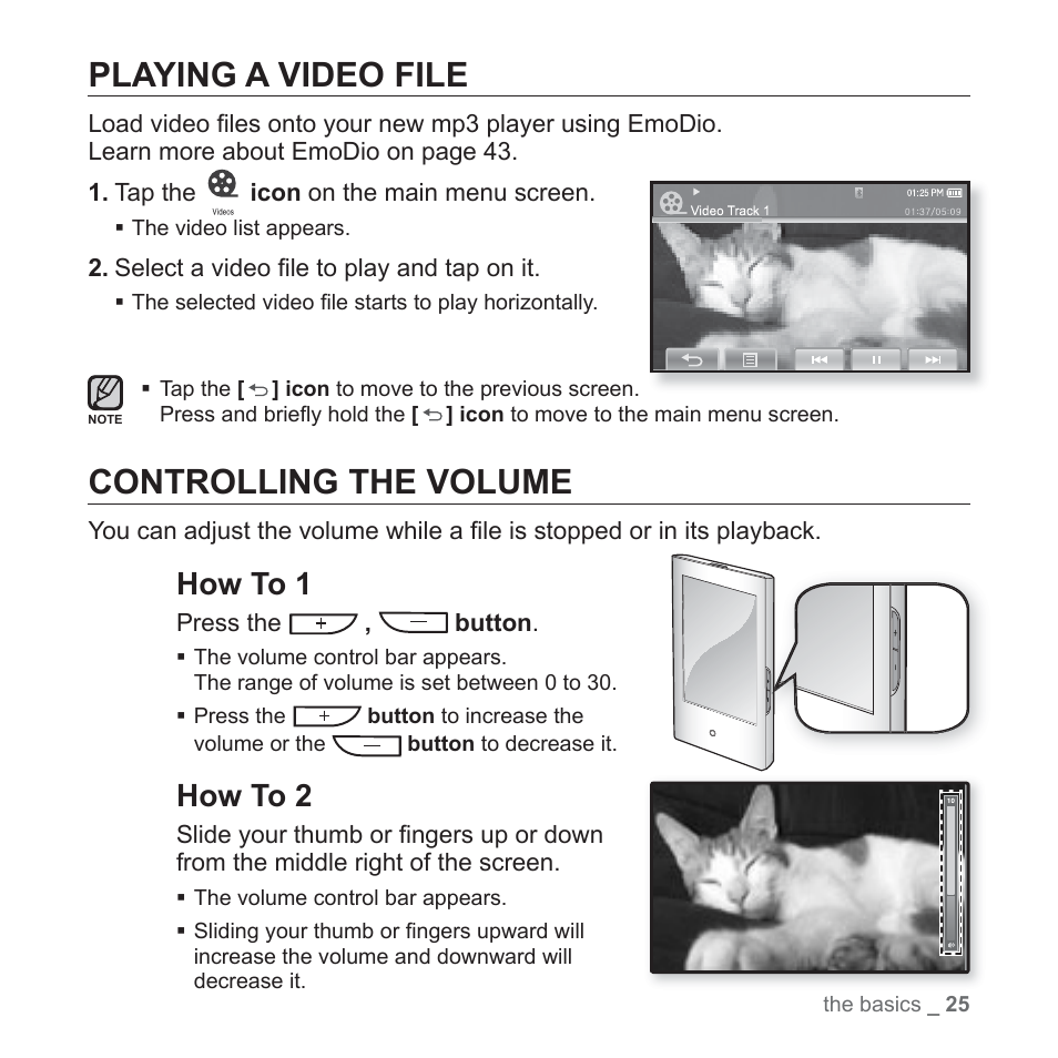 Playing a video file, Controlling the volume, How to 1 | How to 2 | Samsung YP-P2JABY-XAA User Manual | Page 25 / 152