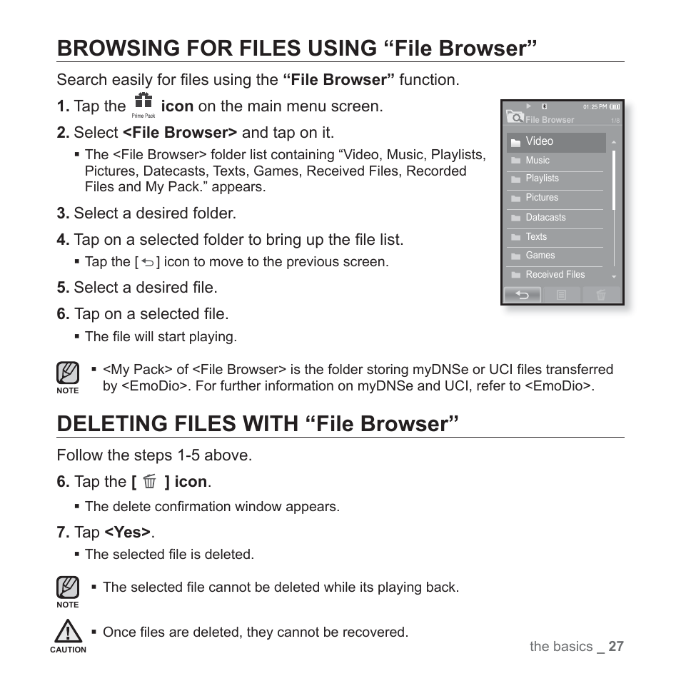 Browsing for files using “file browser, Deleting files with “file browser | Samsung YP-P2JABY-XAA User Manual | Page 27 / 152