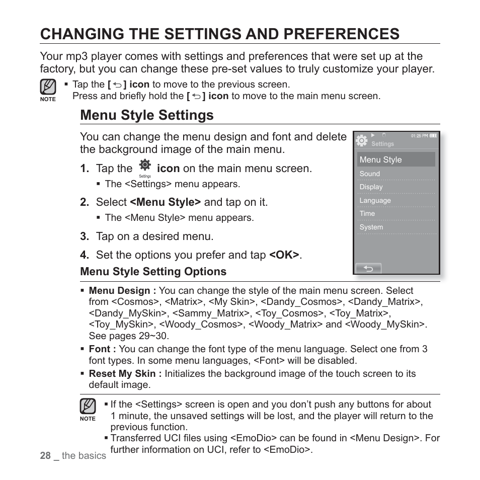 Changing the settings and preferences, Menu style settings | Samsung YP-P2JABY-XAA User Manual | Page 28 / 152