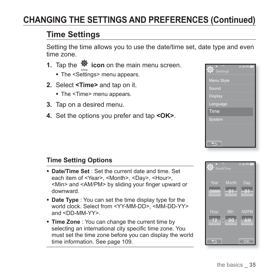 Changing the settings and preferences (continued), Time settings | Samsung YP-P2JABY-XAA User Manual | Page 35 / 152
