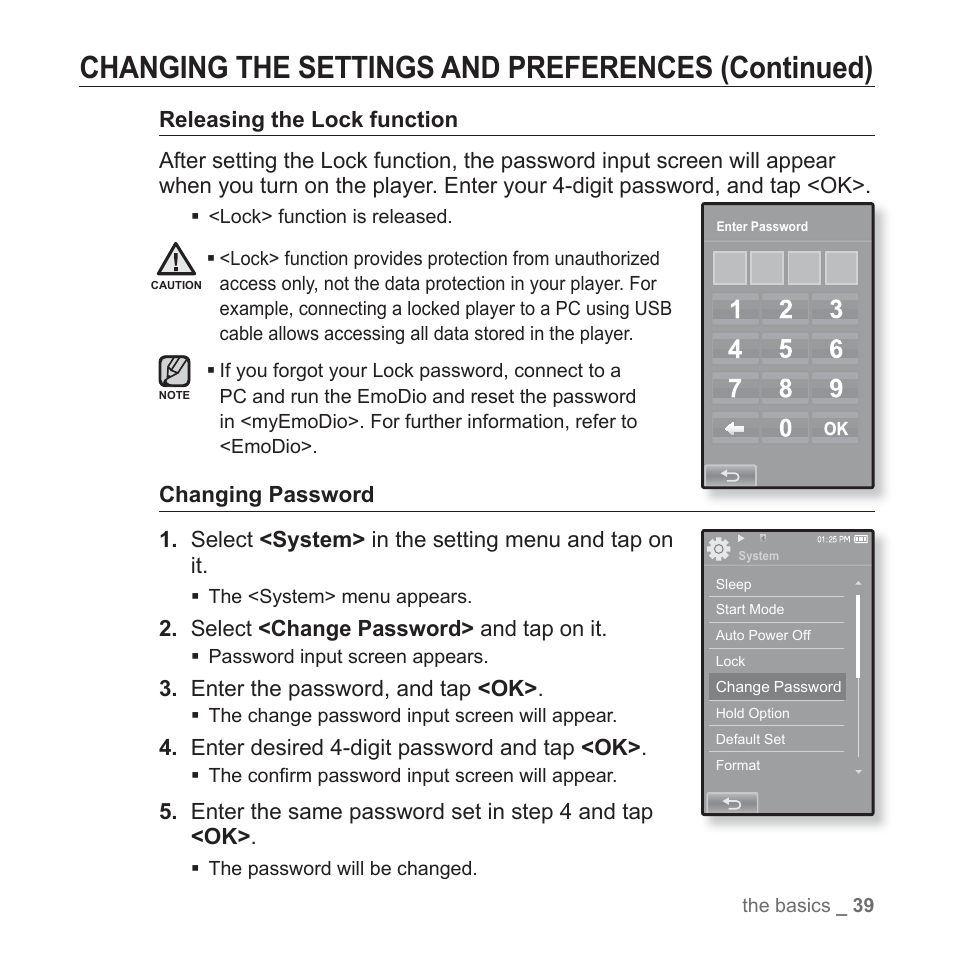 Changing the settings and preferences (continued) | Samsung YP-P2JABY-XAA User Manual | Page 39 / 152