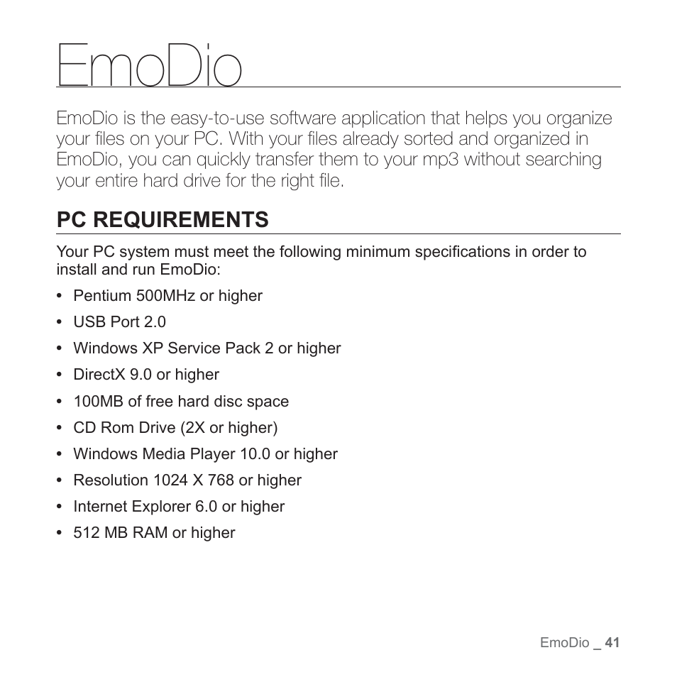 Emodio, Pc requirements | Samsung YP-P2JABY-XAA User Manual | Page 41 / 152