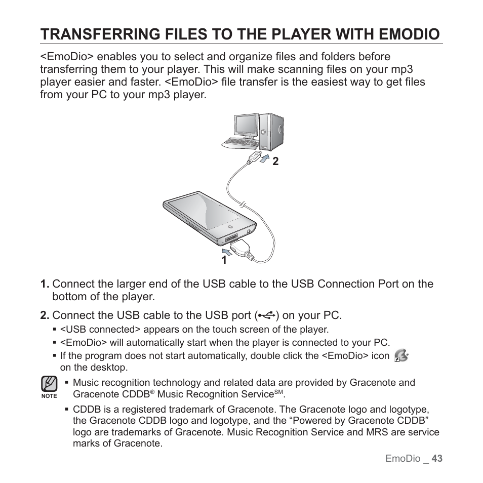 Transferring files to the player with emodio | Samsung YP-P2JABY-XAA User Manual | Page 43 / 152