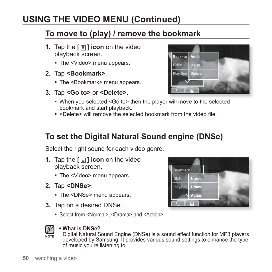 Using the video menu (continued) | Samsung YP-P2JABY-XAA User Manual | Page 50 / 152