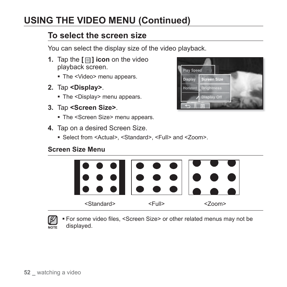 Using the video menu (continued) | Samsung YP-P2JABY-XAA User Manual | Page 52 / 152
