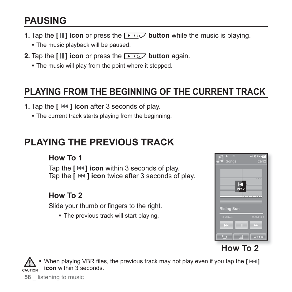 Pausing, Playing from the beginning of the current track, Playing the previous track | How to 1, How to 2 | Samsung YP-P2JABY-XAA User Manual | Page 58 / 152