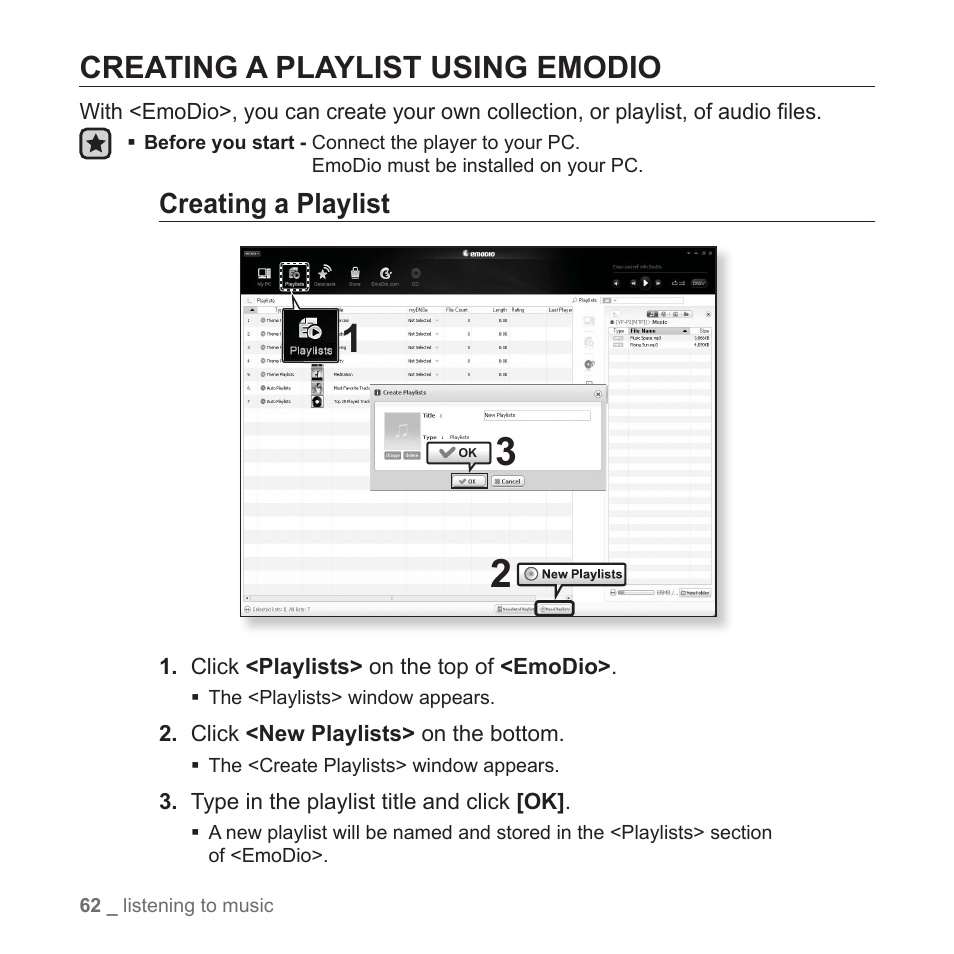 Creating a playlist using emodio, Creating a playlist | Samsung YP-P2JABY-XAA User Manual | Page 62 / 152