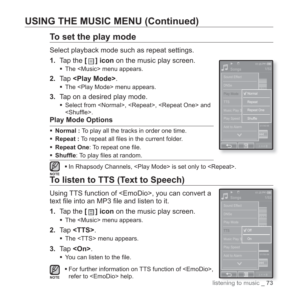 Using the music menu (continued), Tap <play mode, Tap on a desired play mode | Play mode options, Tap <tts, Tap <on | Samsung YP-P2JABY-XAA User Manual | Page 73 / 152
