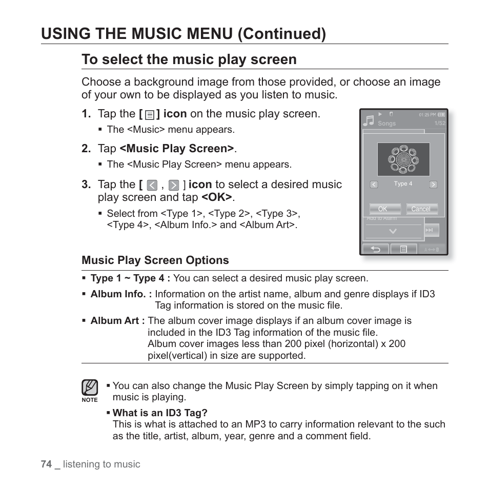 Using the music menu (continued), Tap <music play screen, Tap the | Music play screen options | Samsung YP-P2JABY-XAA User Manual | Page 74 / 152