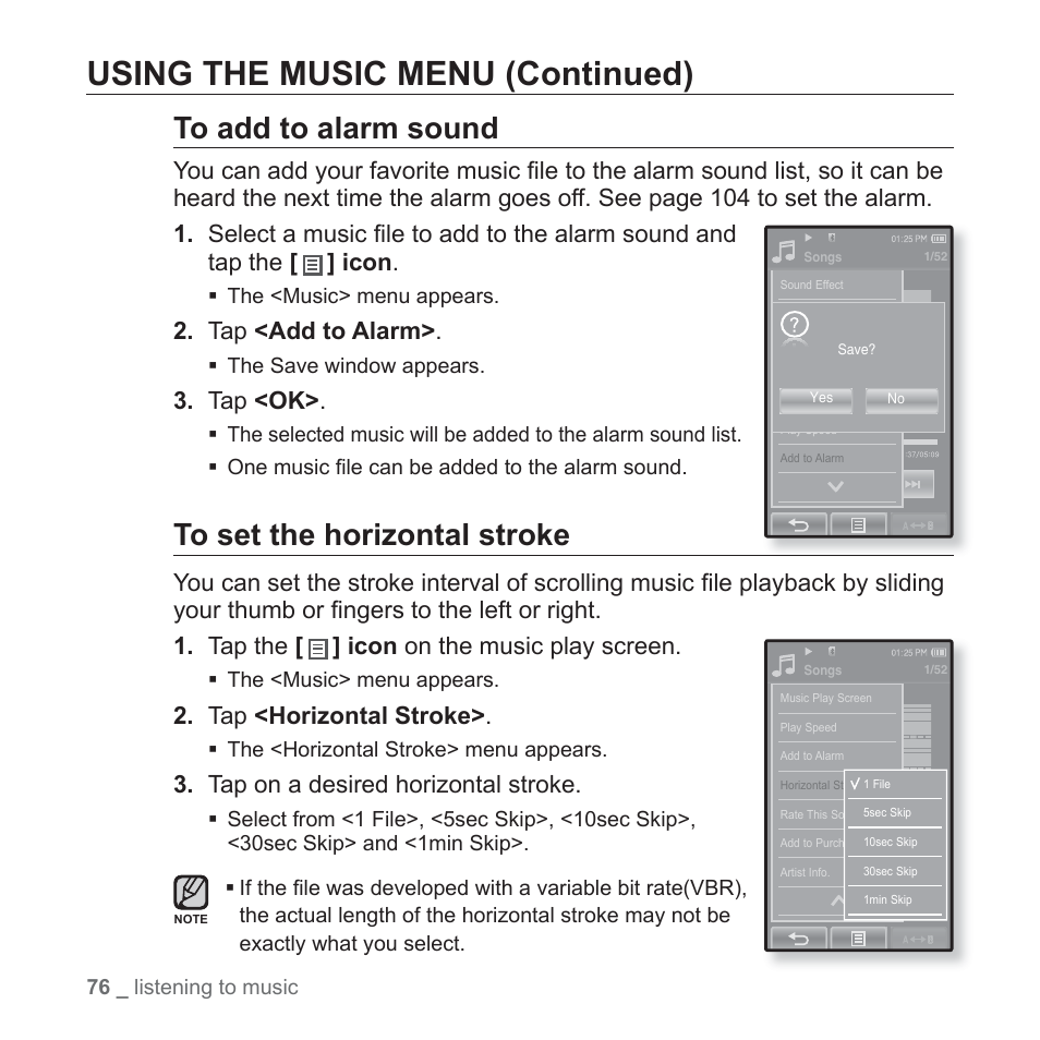 Using the music menu (continued), Tap <add to alarm, Tap <ok | Tap <horizontal stroke, Tap on a desired horizontal stroke | Samsung YP-P2JABY-XAA User Manual | Page 76 / 152