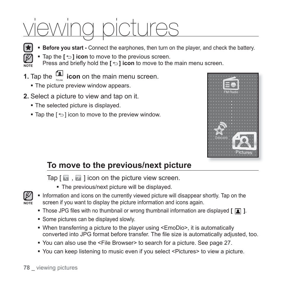Viewing pictures | Samsung YP-P2JABY-XAA User Manual | Page 78 / 152