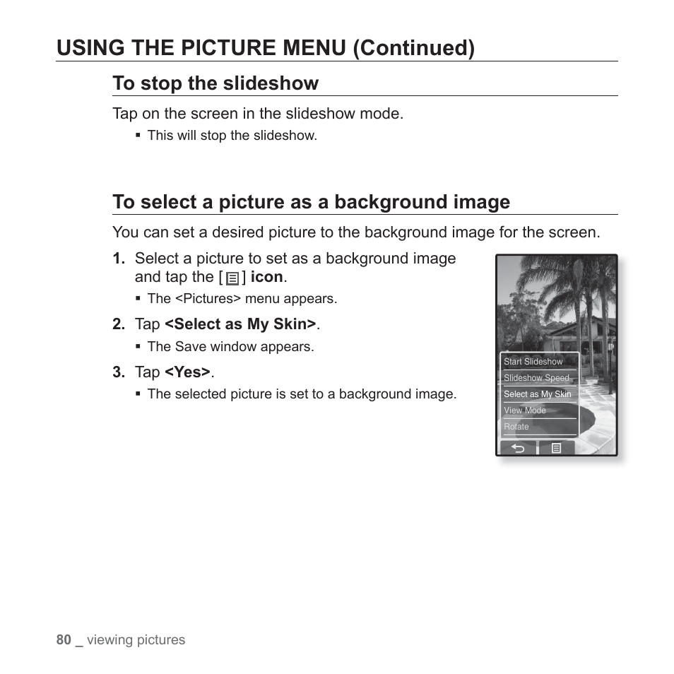 Using the picture menu (continued) | Samsung YP-P2JABY-XAA User Manual | Page 80 / 152