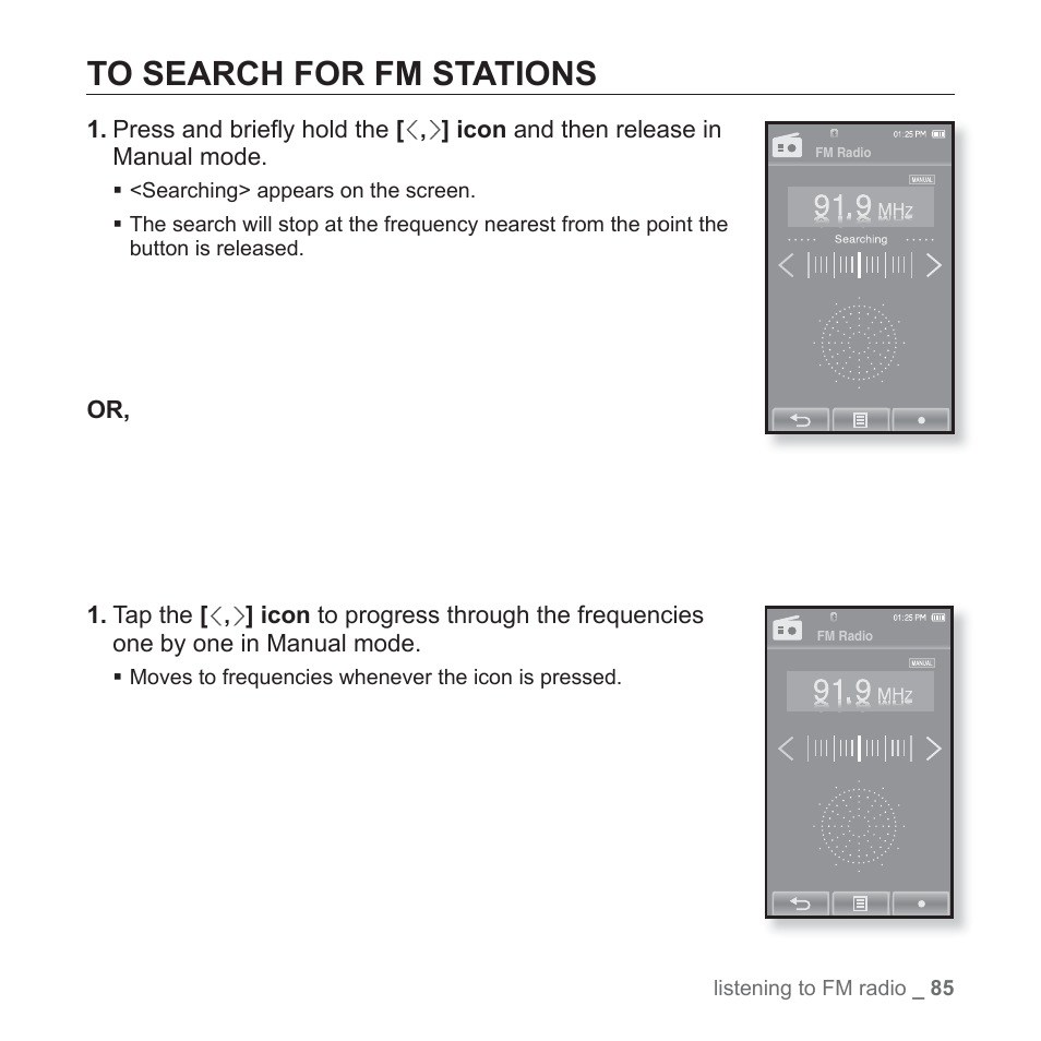 To search for fm stations | Samsung YP-P2JABY-XAA User Manual | Page 85 / 152