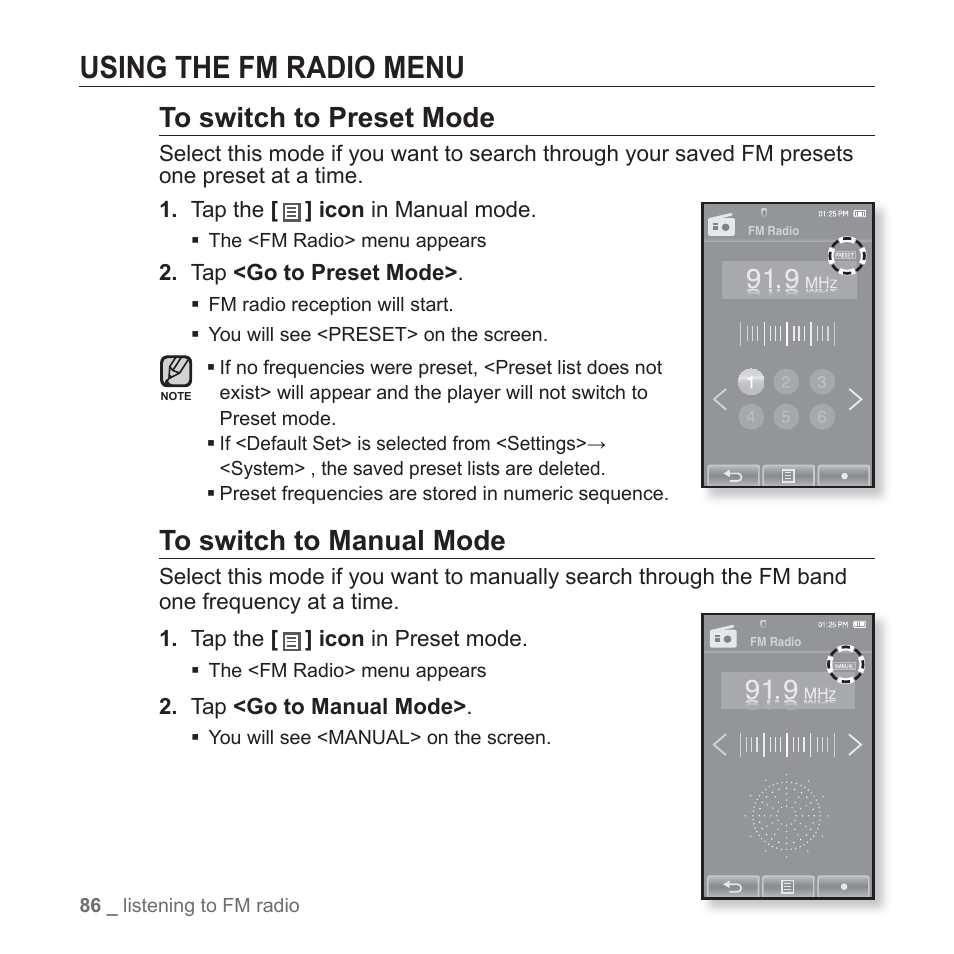 Using the fm radio menu | Samsung YP-P2JABY-XAA User Manual | Page 86 / 152