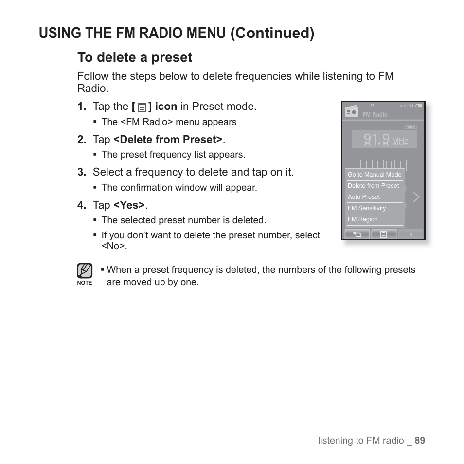 Using the fm radio menu (continued) | Samsung YP-P2JABY-XAA User Manual | Page 89 / 152