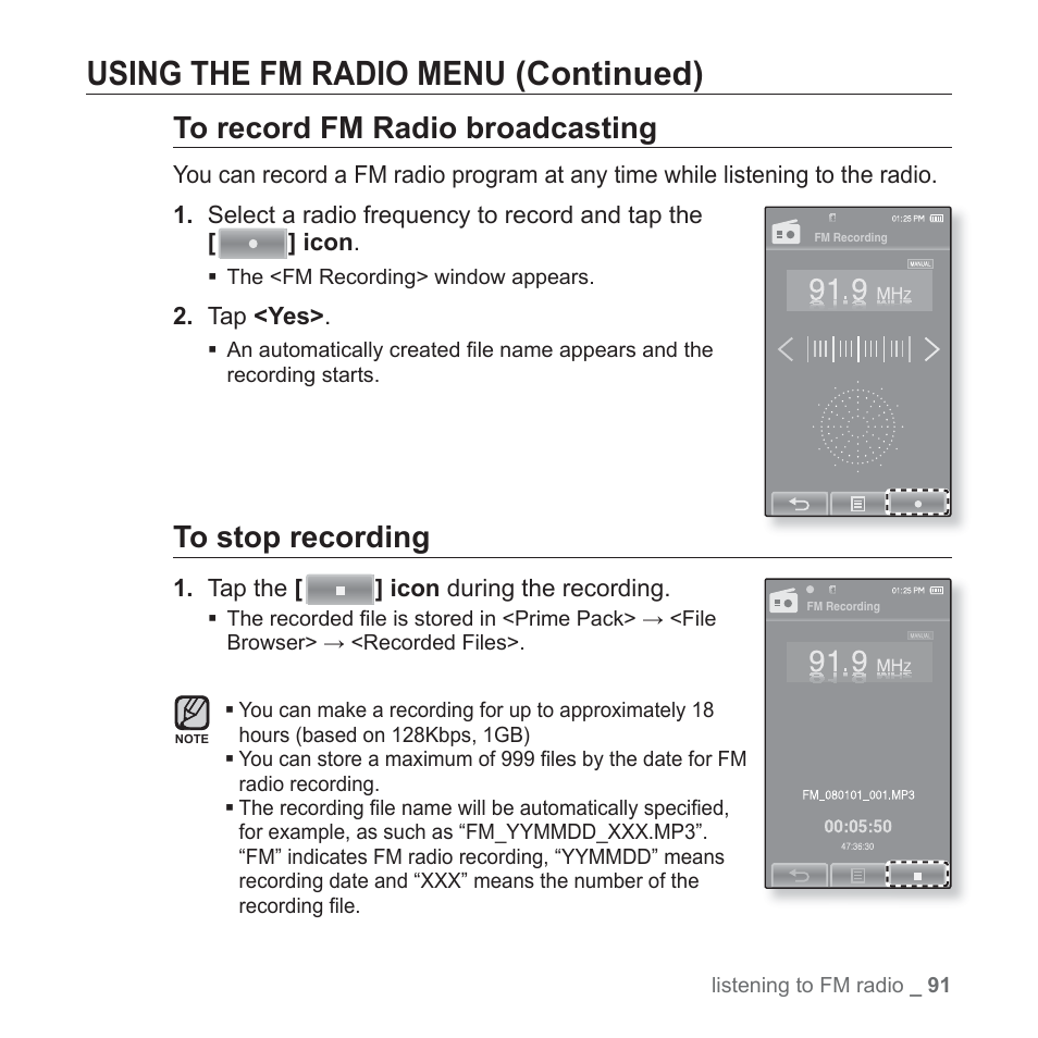 Using the fm radio menu (continued) | Samsung YP-P2JABY-XAA User Manual | Page 91 / 152