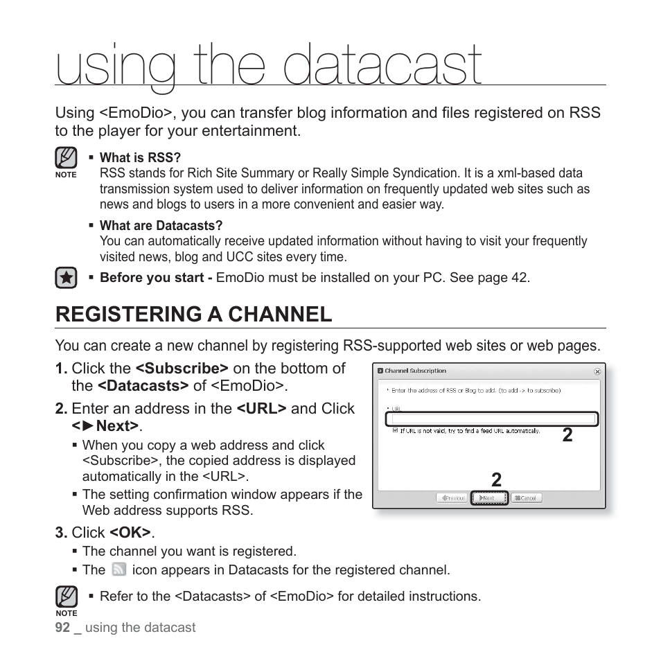 Using the datacast, Registering a channel | Samsung YP-P2JABY-XAA User Manual | Page 92 / 152