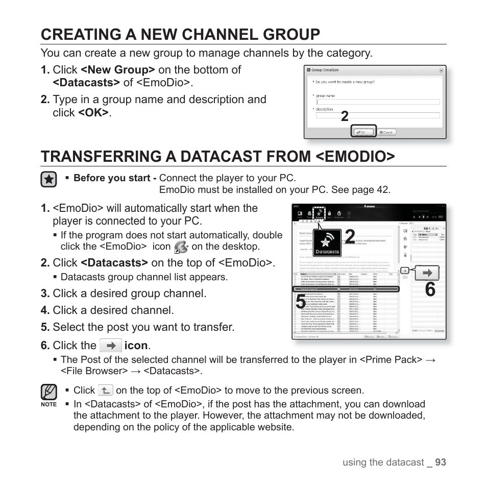 Creating a new channel group, Transferring a datacast from <emodio | Samsung YP-P2JABY-XAA User Manual | Page 93 / 152