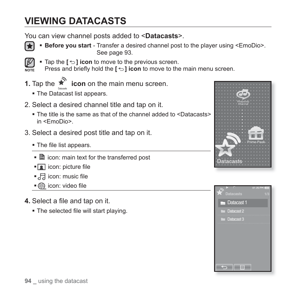 Viewing datacasts | Samsung YP-P2JABY-XAA User Manual | Page 94 / 152