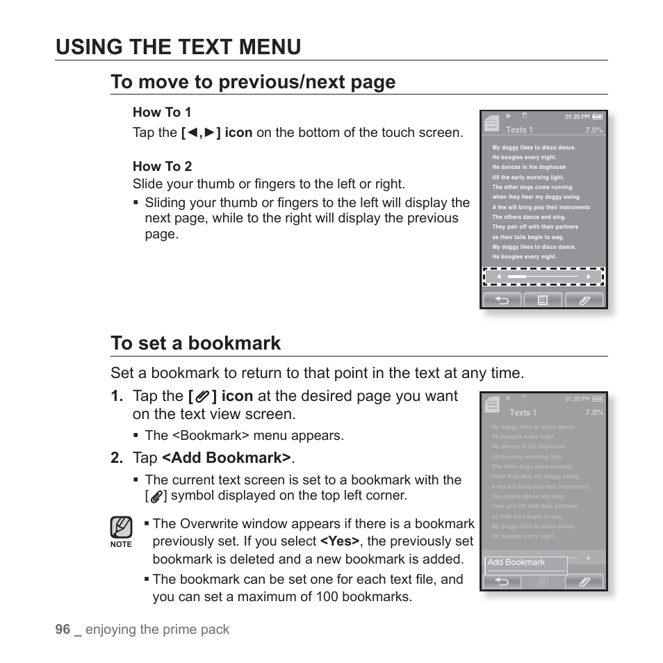 Using the text menu, Tap <add bookmark | Samsung YP-P2JABY-XAA User Manual | Page 96 / 152