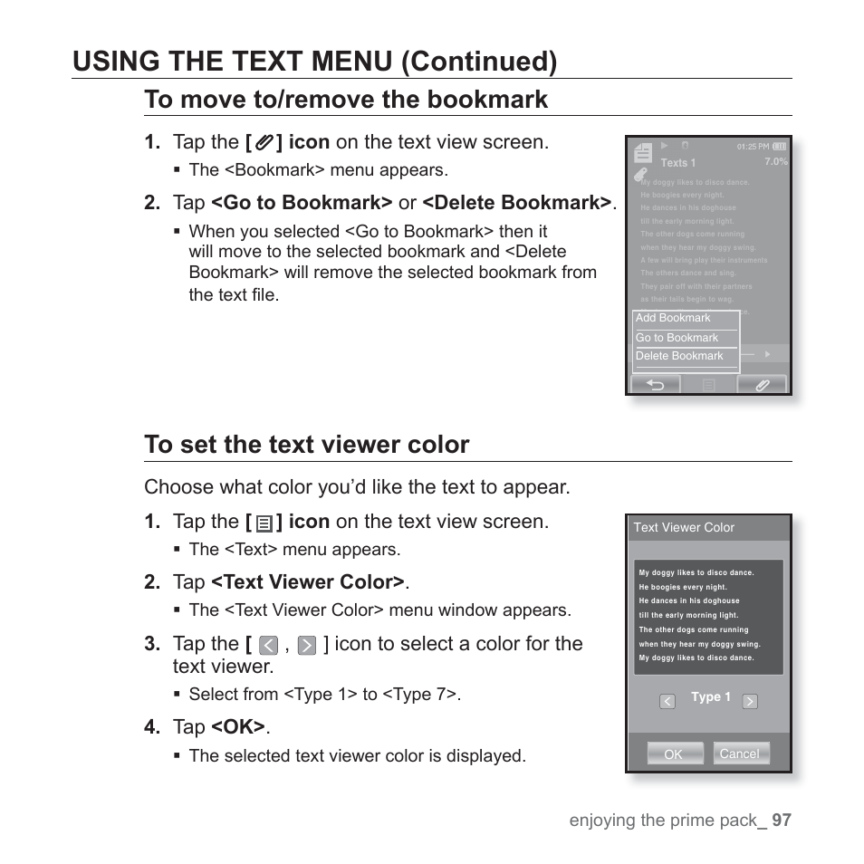 Using the text menu (continued), Tap the [ ] icon on the text view screen, Tap <go to bookmark> or <delete bookmark | Tap <text viewer color, Tap <ok | Samsung YP-P2JABY-XAA User Manual | Page 97 / 152