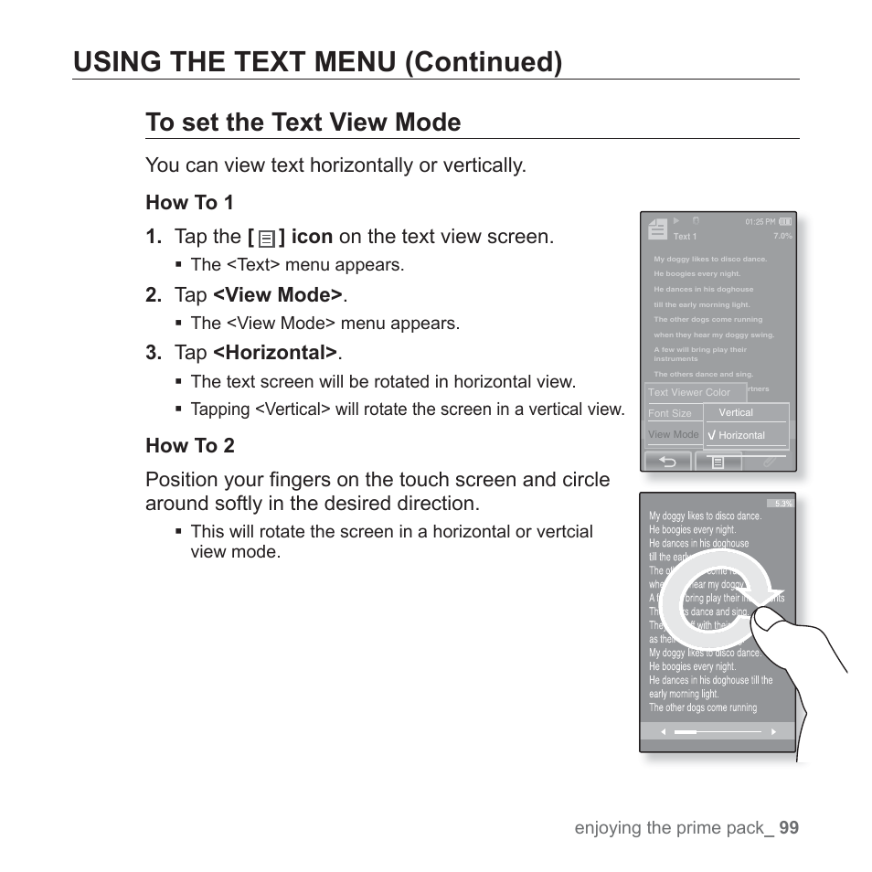 Using the text menu (continued), Tap <view mode, Tap <horizontal | Samsung YP-P2JABY-XAA User Manual | Page 99 / 152