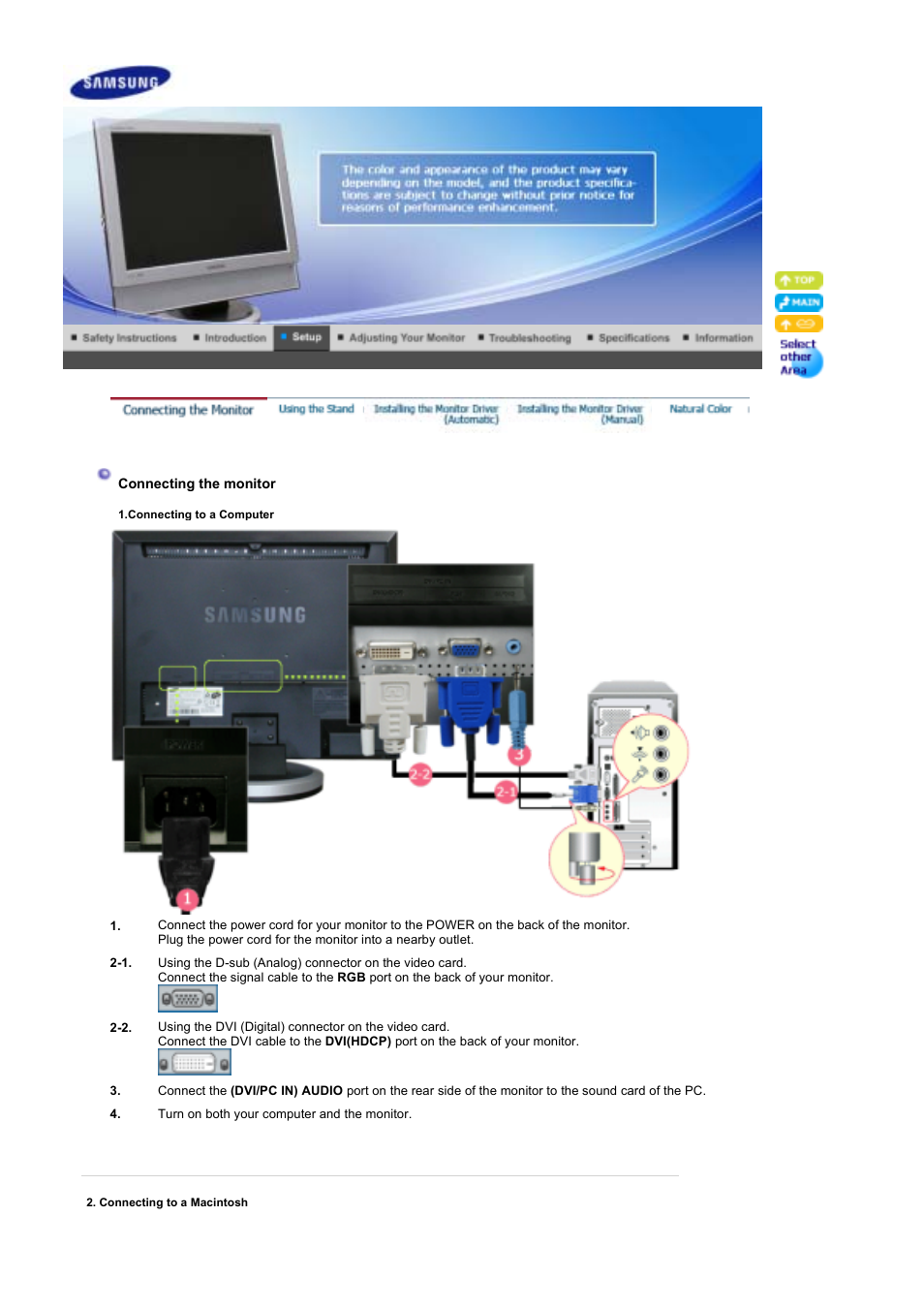 Setup, Connecting the monitor, Using the stand | Samsung LS19DOWSS-XAA User Manual | Page 18 / 54
