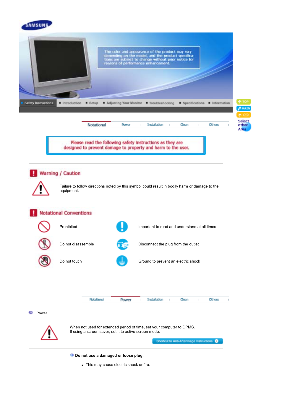 Safty instructions, Notational, Power | Samsung LS19DOWSS-XAA User Manual | Page 2 / 54