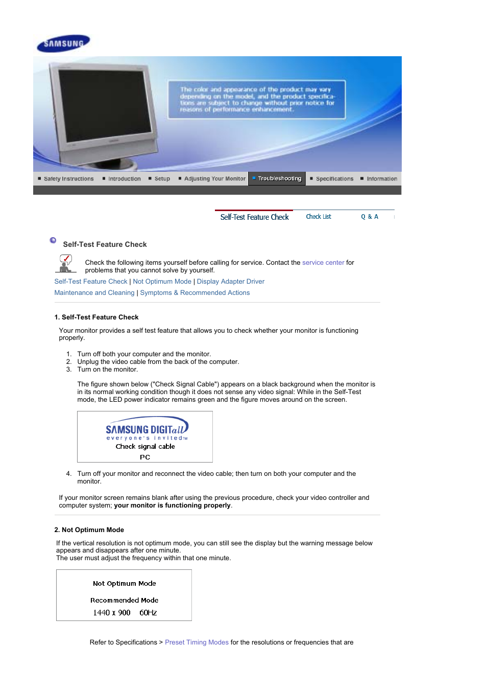 Troubleshooting, Self-test feature check, Check& list | Samsung LS19DOWSS-XAA User Manual | Page 37 / 54