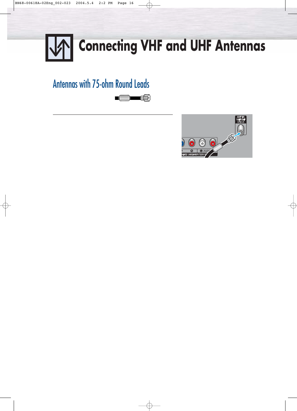 Connecting vhf and uhf antennas, Antennas with 75-ohm round leads | Samsung HPP4261X-XAA User Manual | Page 6 / 12