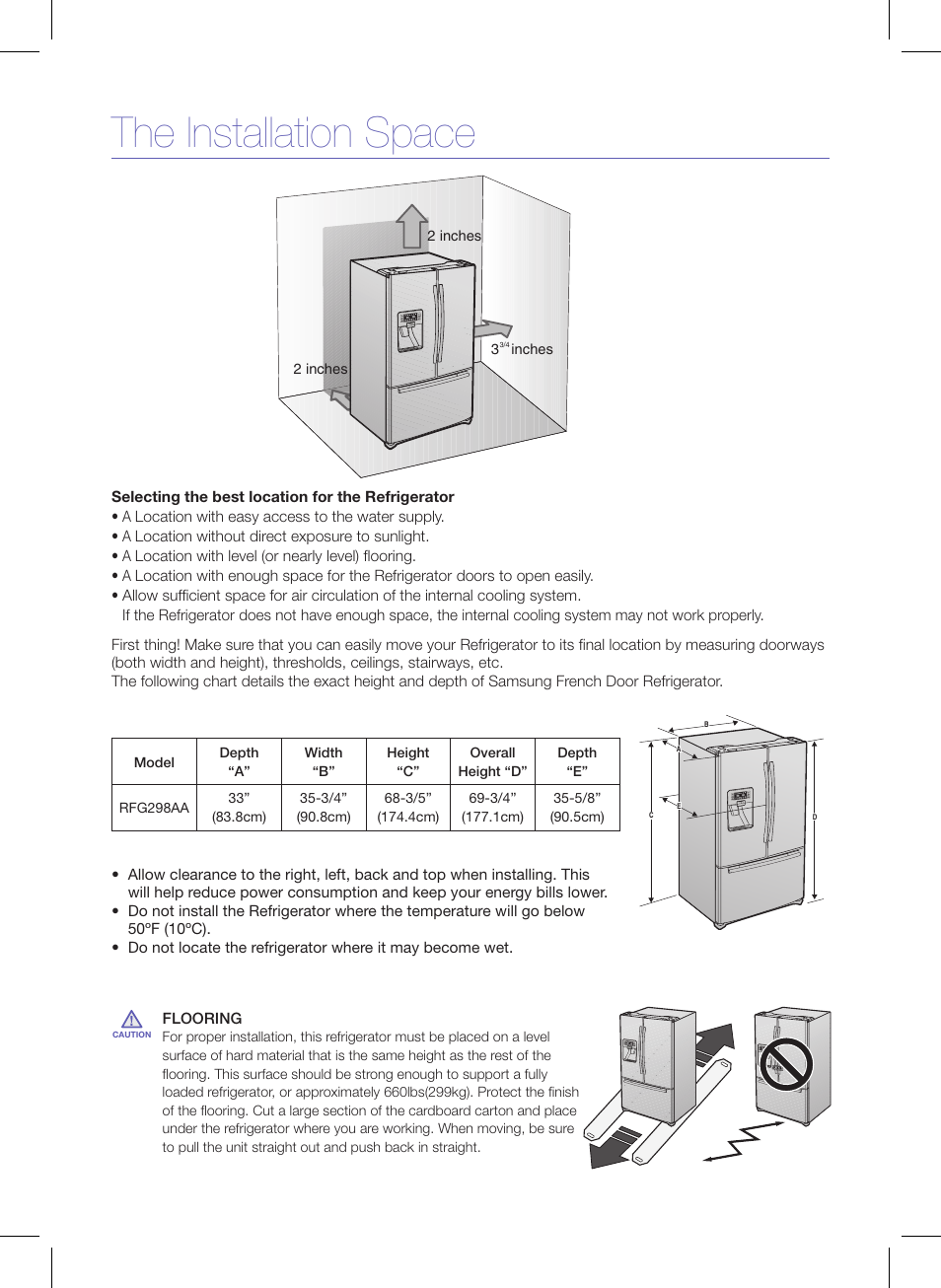 The installation space | Samsung RFG298AABP-XAA User Manual | Page 2 / 7
