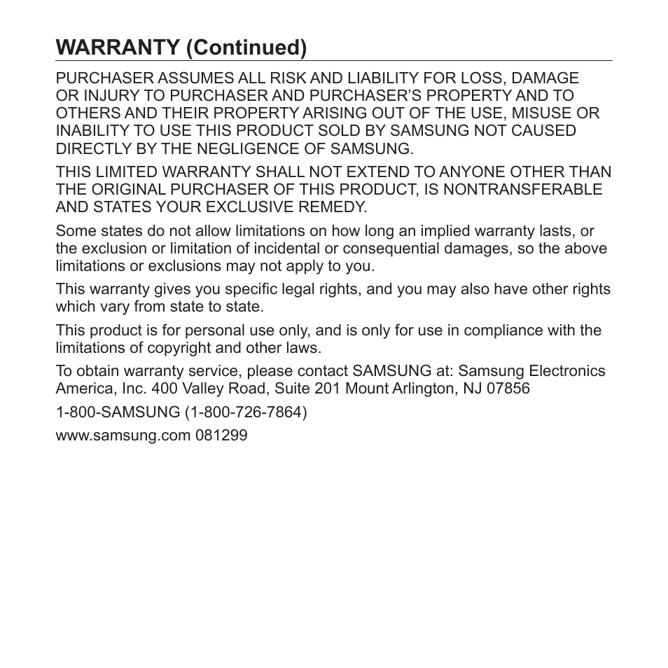 Warranty (continued) | Samsung YP-S3JAB-XAA User Manual | Page 100 / 101