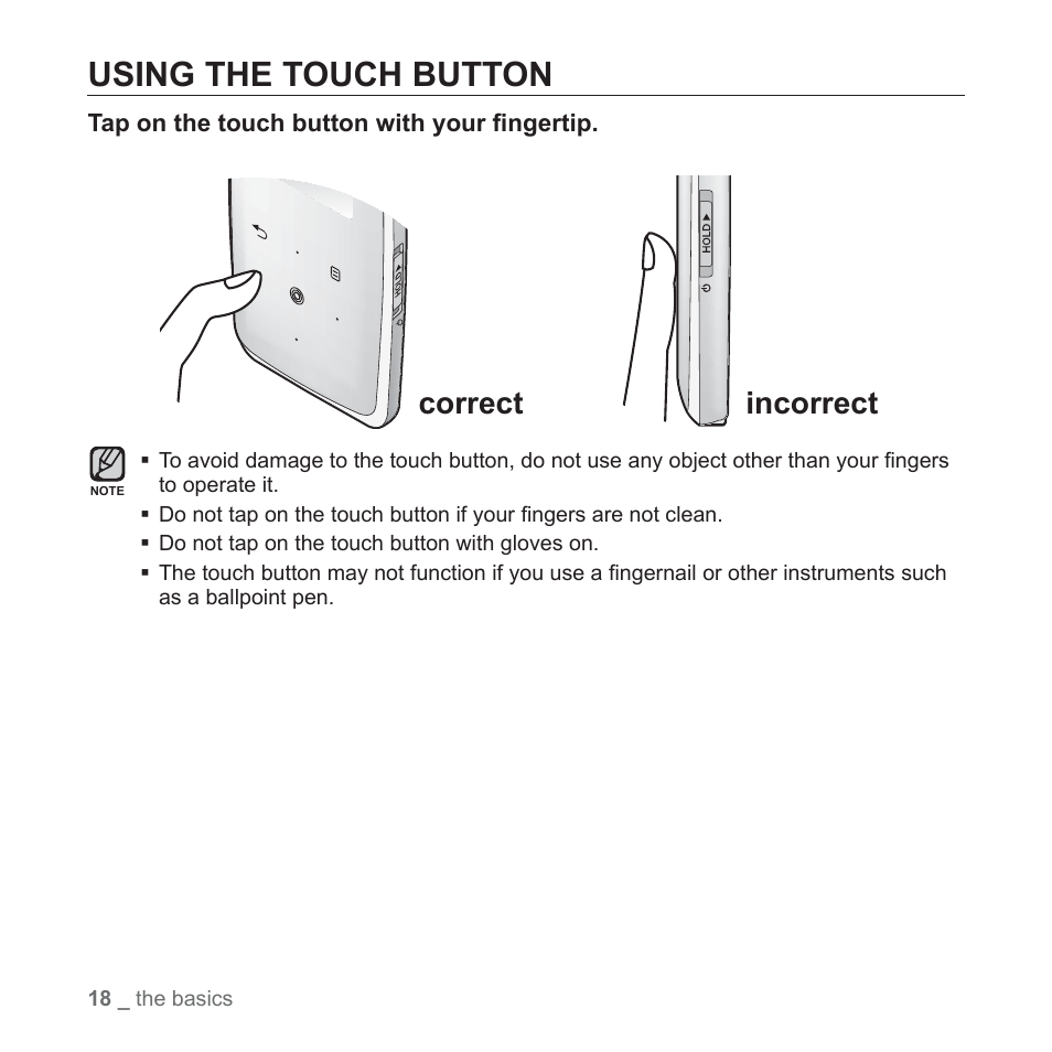 Using the touch button, Incorrect correct | Samsung YP-S3JAB-XAA User Manual | Page 18 / 101