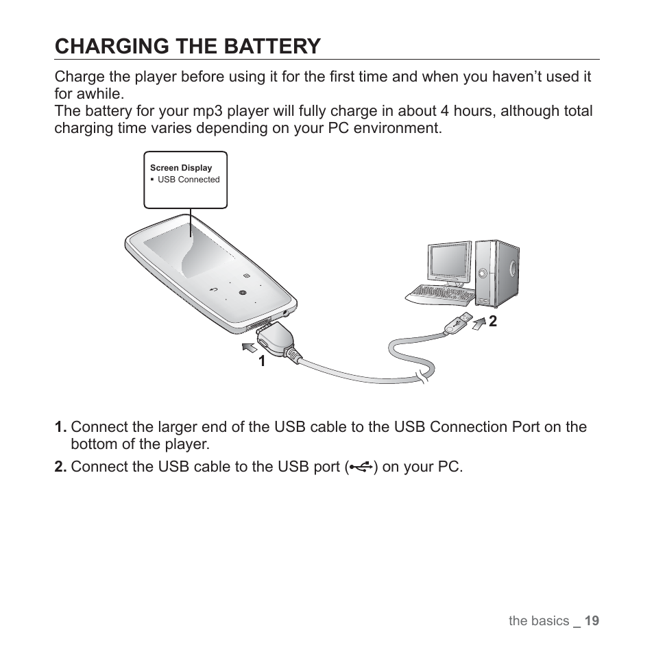 Charging the battery | Samsung YP-S3JAB-XAA User Manual | Page 19 / 101