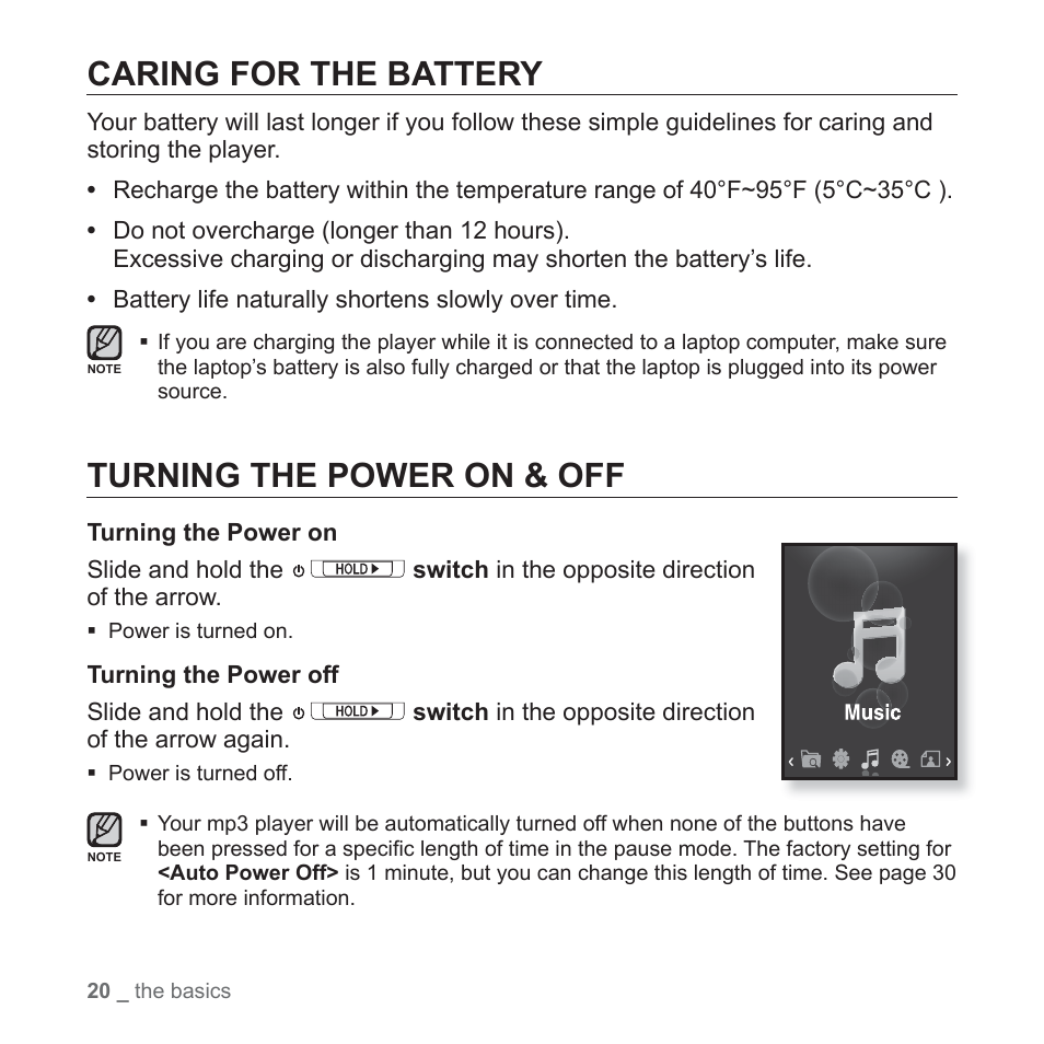 Caring for the battery, Turning the power on & off | Samsung YP-S3JAB-XAA User Manual | Page 20 / 101