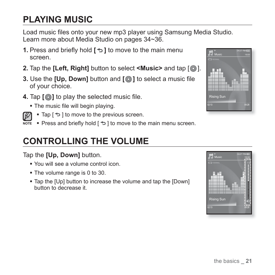 Playing music, Controlling the volume | Samsung YP-S3JAB-XAA User Manual | Page 21 / 101