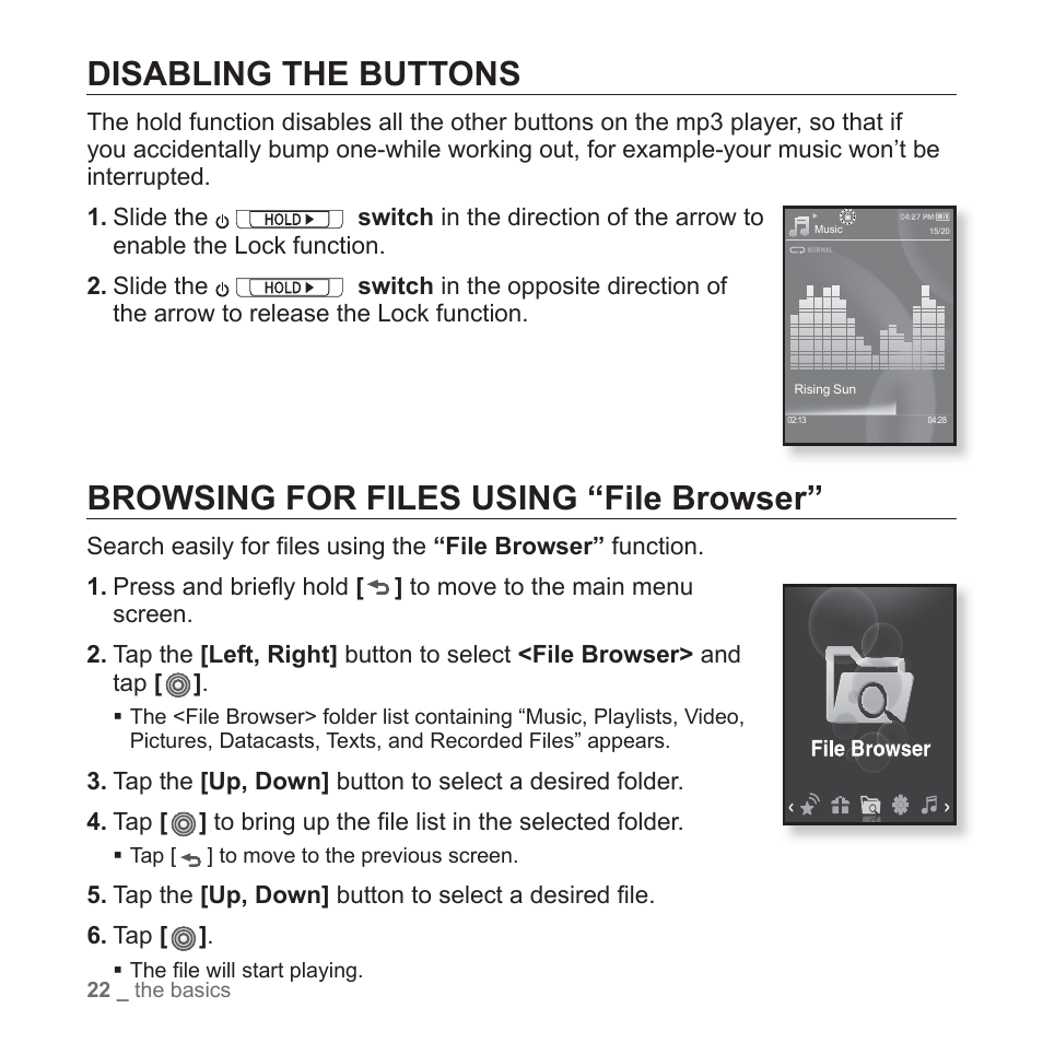 Disabling the buttons, Browsing for files using “file browser | Samsung YP-S3JAB-XAA User Manual | Page 22 / 101