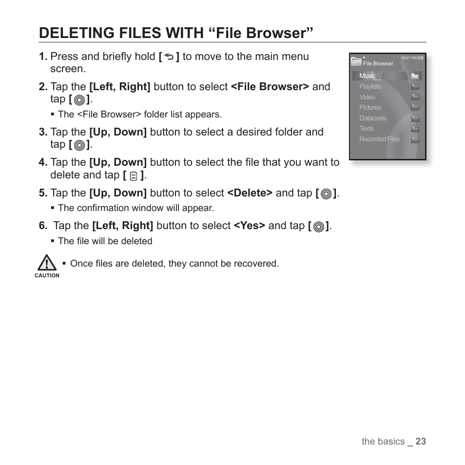 Deleting files with “file browser | Samsung YP-S3JAB-XAA User Manual | Page 23 / 101